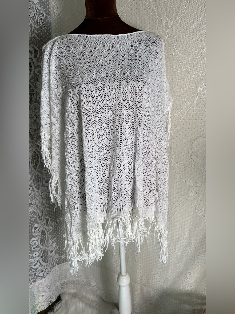 Ralph Lauren White Open-Knit Fringe Poncho